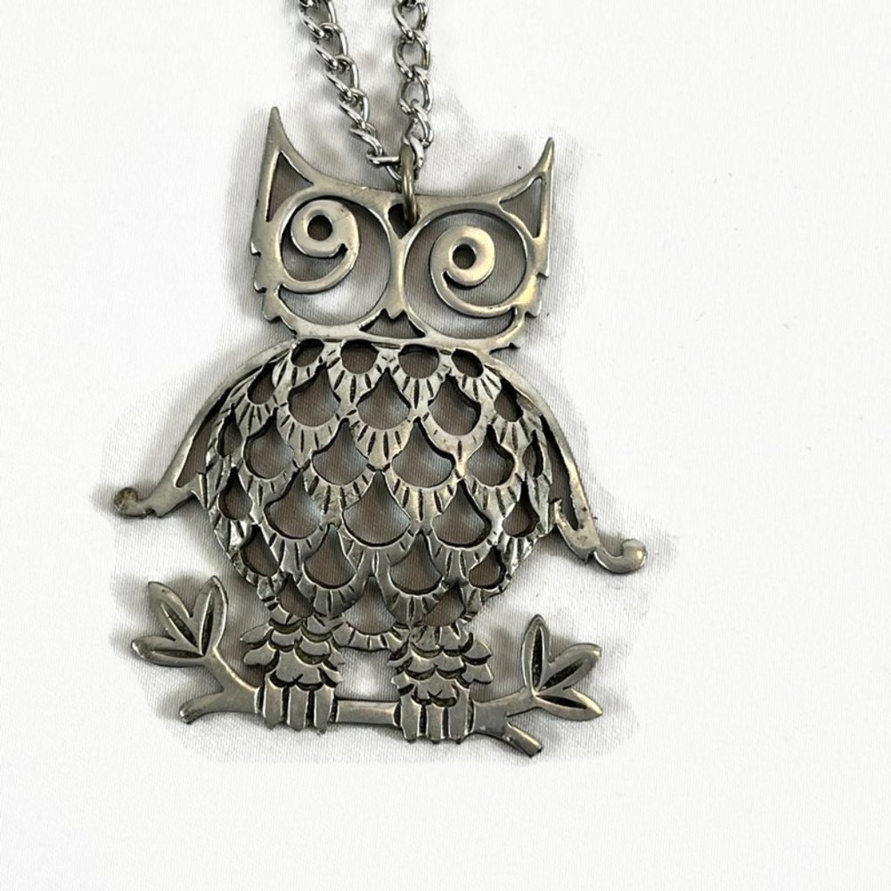 Vintage Signed Reed & Barton Pewter Owl Necklace Pendant Chain Silver Tone 12"